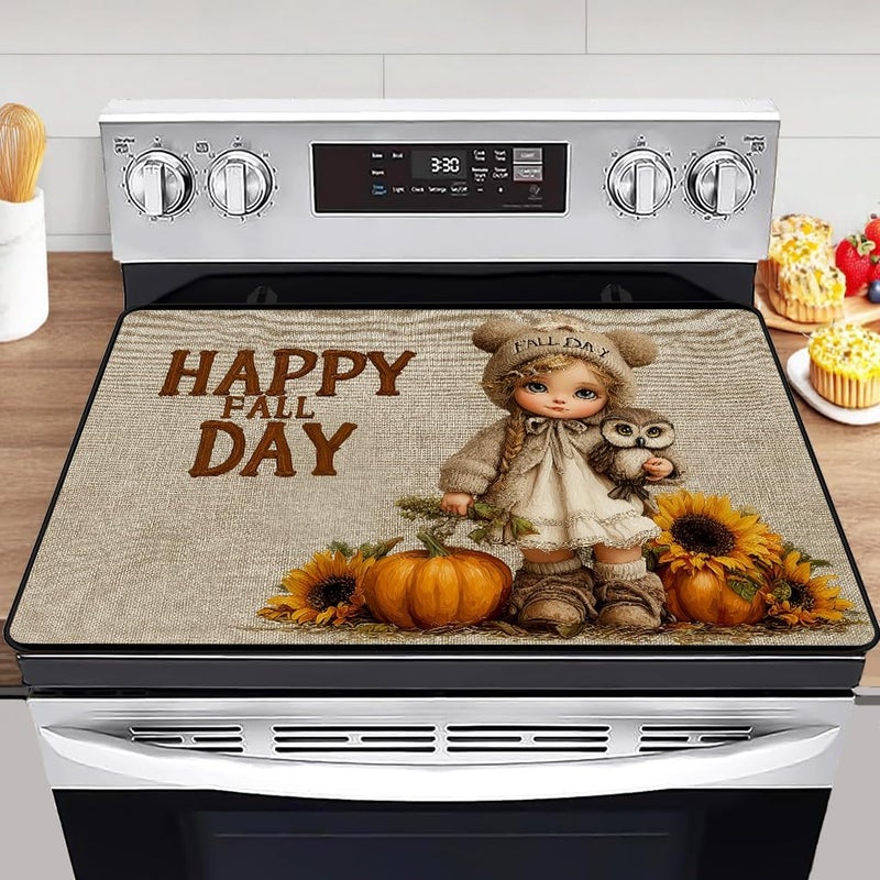 WRTCPOC Fall Pumpkin Electric Stove Top Cover, Cute Doll & Owl Heat Resistant Glass Stove Top Cover for Electric Stove – Thanksgiving Day Glass Cooktop Protector Expands Usable Space - Image 1